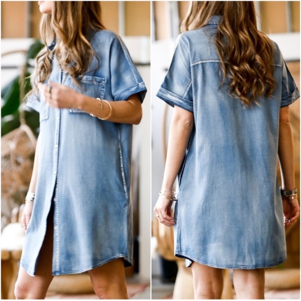 Boho Chambray Denim blue Button up Shirt Dress - Picture 2 of 3